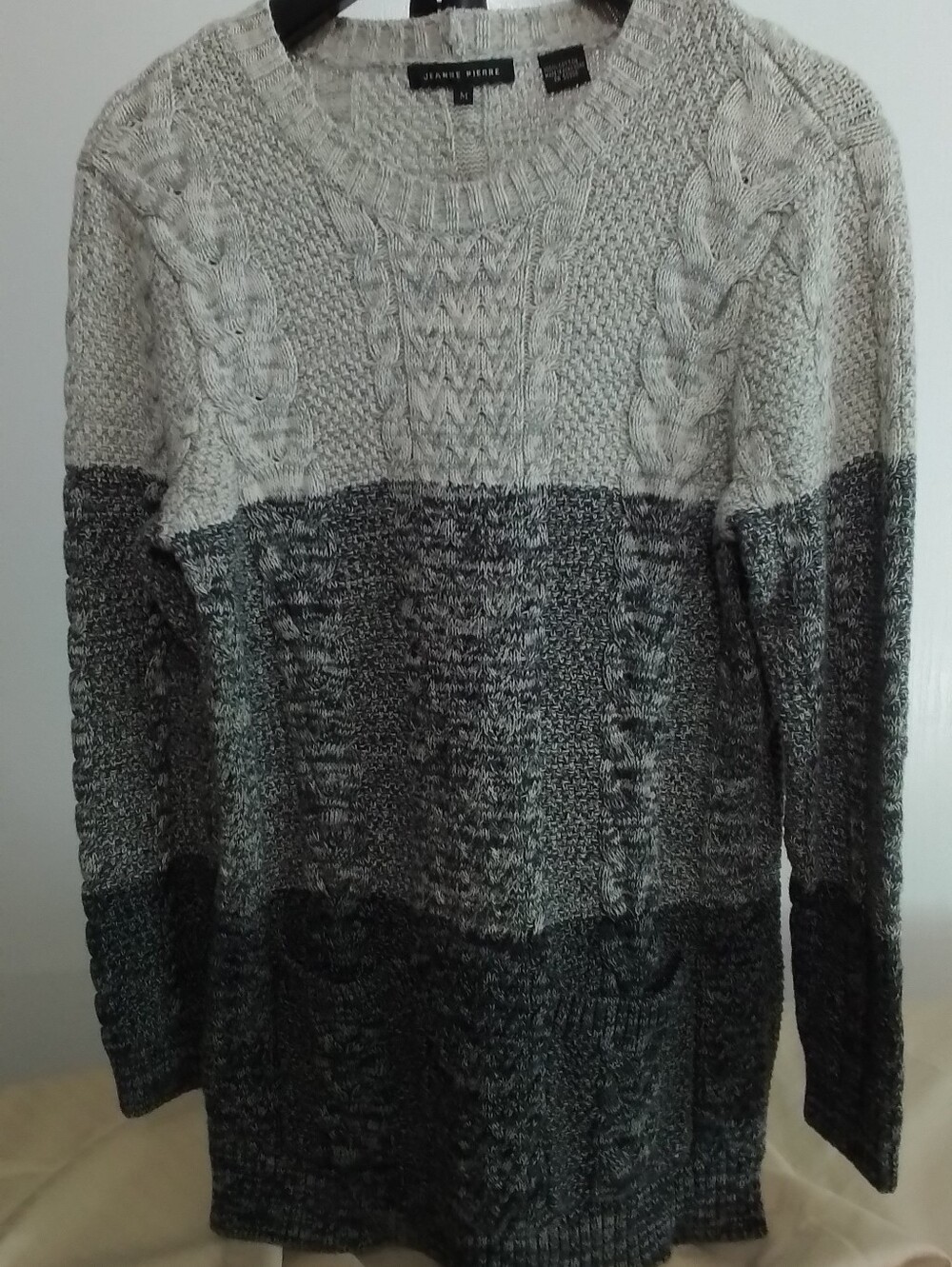 JEANNE PIERRE Gray Gradient Cable Knit Crewneck Sweater